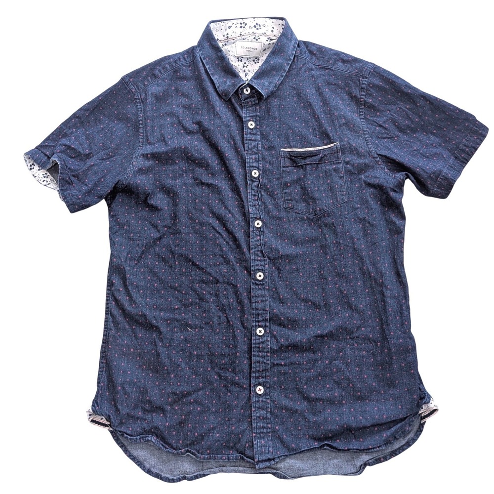 7 Diamonds Audio Tree Denim Stretch Navy/Pink Dot Short Sleeve Button Shirt MED